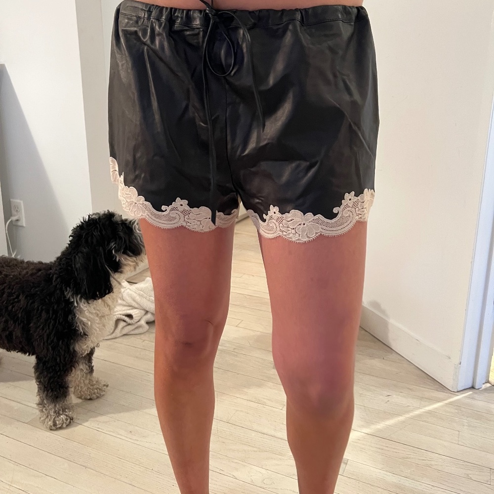 Alexander Wang Black Leather Shorts with Ivory Lace Trim